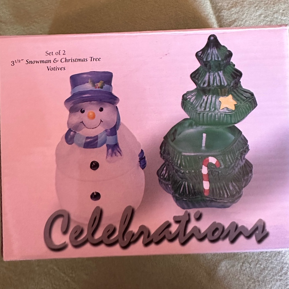 🎄 NEW Celebration Snowman & Christmas Tree Candle Holder Set